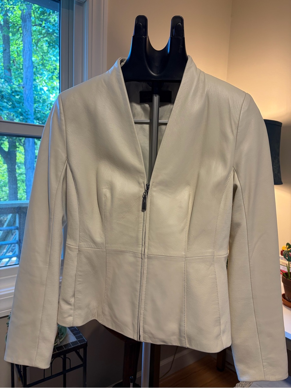 Women's Cream Leather Zip-Front Jacket by